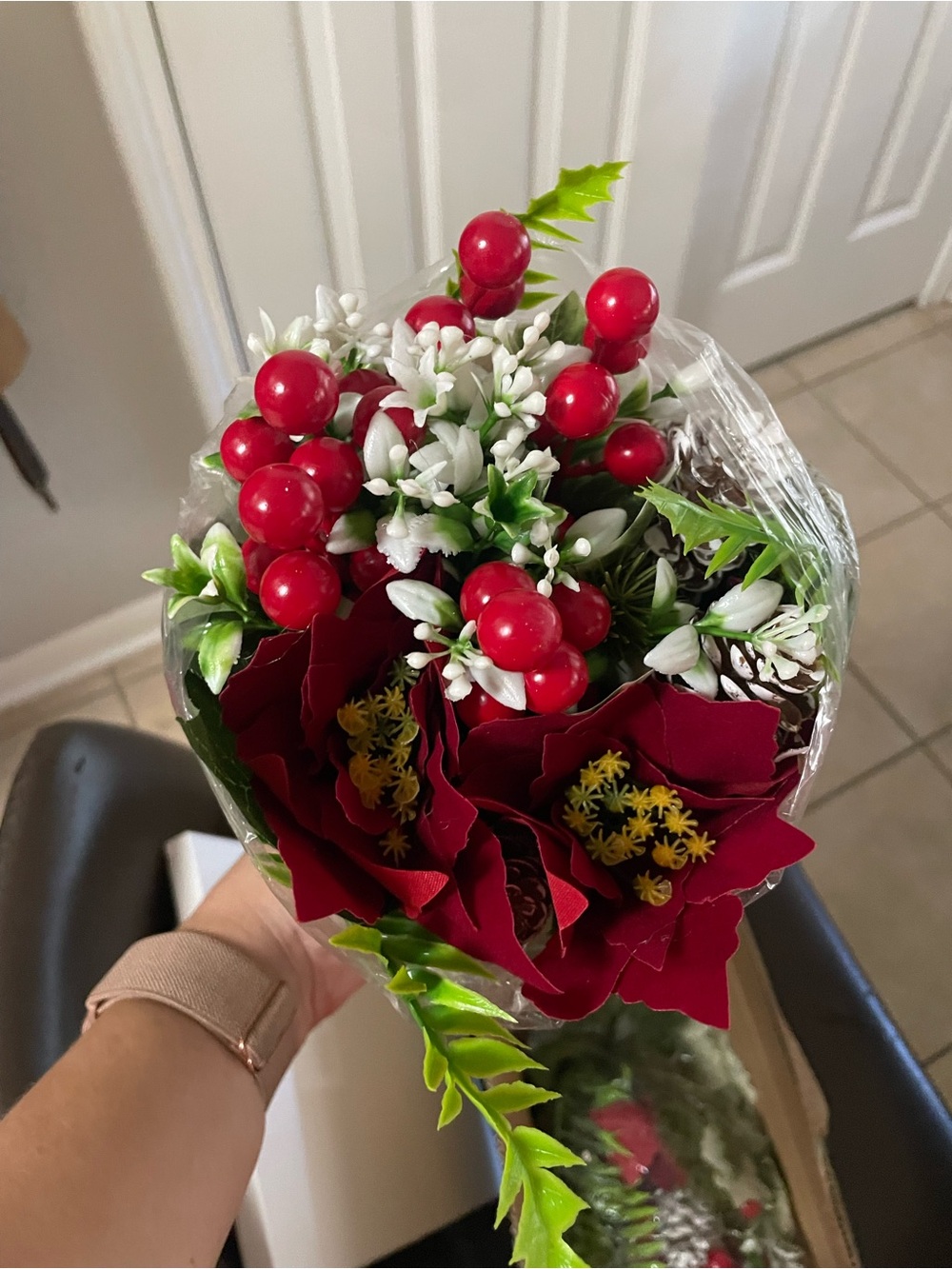2- Red Holiday Berry and Poinsettia Bouquet - Unbranded